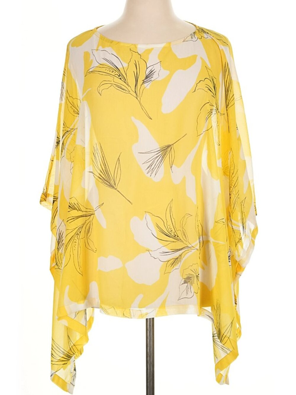 Chico's Sheer Yellow Black White Floral Slit Neck Poncho Size L/XL